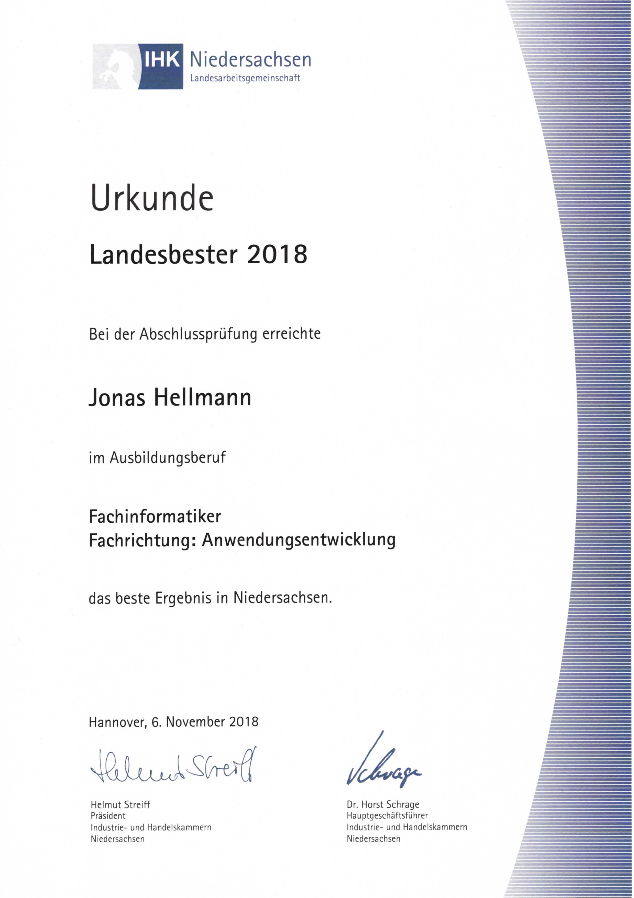 IHK Niedersachsen: Landesbester Fachinformatiker 2018